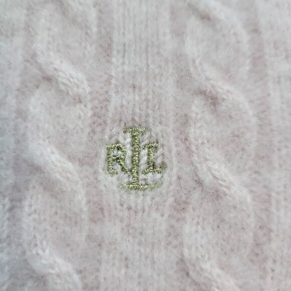 RALPH LAUREN 100% CASHMERE Pale Pink Gold Zip Logo Cable Knit Turtleneck Sweater - Picture 5 of 9
